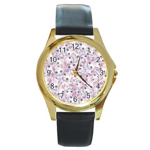 Sweet Kawaii Kitty Pattern (ai) Bk Round Gold Metal Watch from ArtsNow.com Front