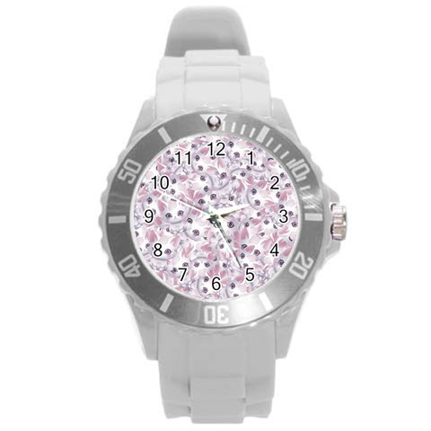 Sweet Kawaii Kitty Pattern (ai) Bk Round Plastic Sport Watch (L) from ArtsNow.com Front