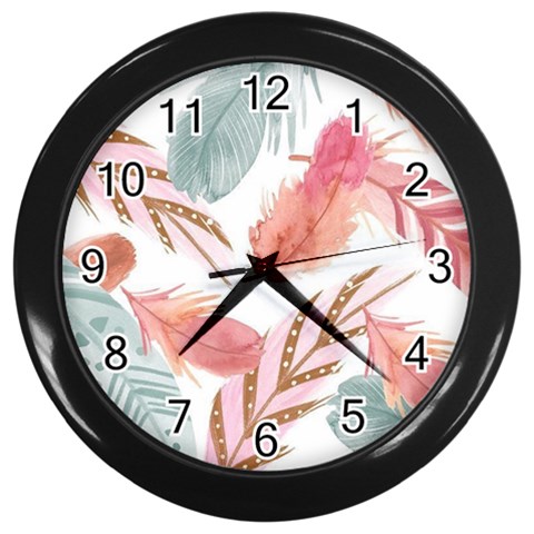 Feathers, Boho, Cute, Feather, Pastel Wall Clock (Black) from ArtsNow.com Front