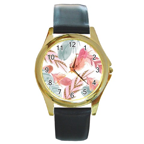 Feathers, Boho, Cute, Feather, Pastel Round Gold Metal Watch from ArtsNow.com Front