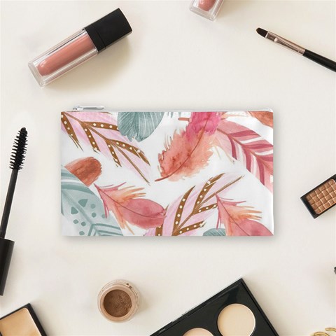 Feathers, Boho, Cute, Feather, Pastel Cosmetic Bag (Small) from ArtsNow.com Front