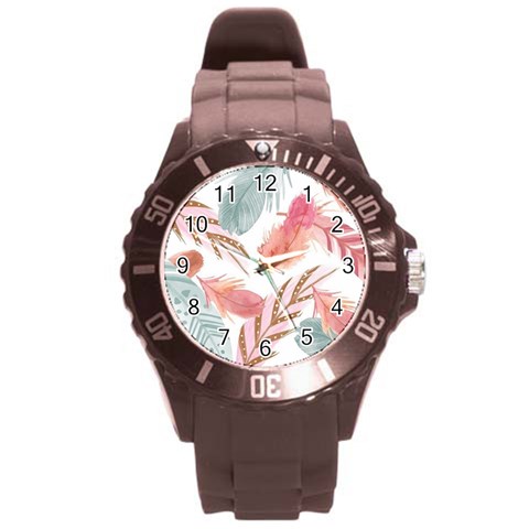 Feathers, Boho, Cute, Feather, Pastel Round Plastic Sport Watch (L) from ArtsNow.com Front