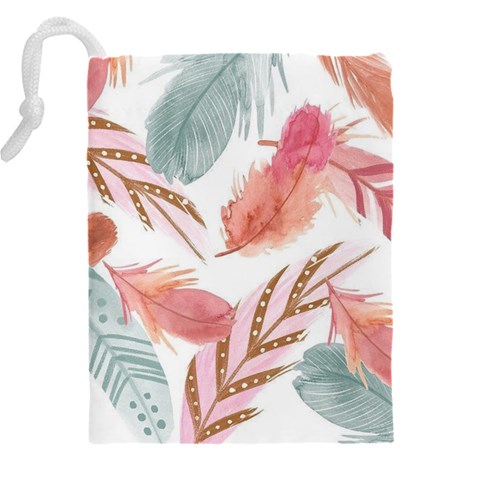 Feathers, Boho, Cute, Feather, Pastel Drawstring Pouch (5XL) from ArtsNow.com Back