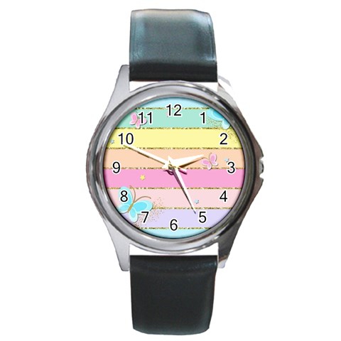 Pastel, Butterfly, Spring, Stripes, Round Metal Watch from ArtsNow.com Front