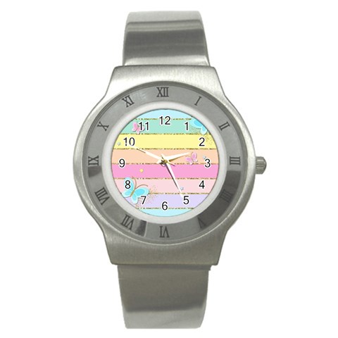 Pastel, Butterfly, Spring, Stripes, Stainless Steel Watch from ArtsNow.com Front