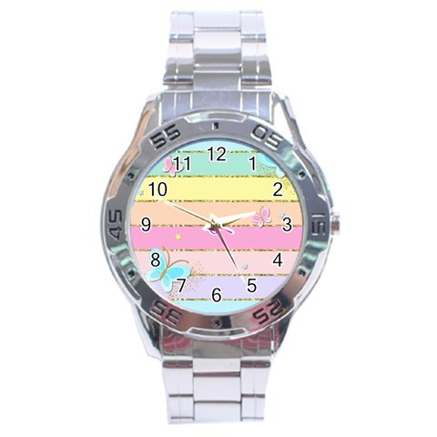 Pastel, Butterfly, Spring, Stripes, Stainless Steel Analogue Watch from ArtsNow.com Front