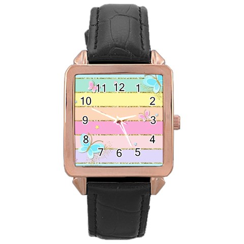 Pastel, Butterfly, Spring, Stripes, Rose Gold Leather Watch  from ArtsNow.com Front