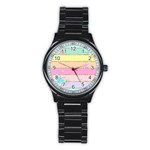 Pastel, Butterfly, Spring, Stripes, Stainless Steel Round Watch