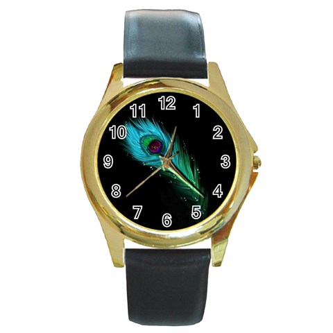 Shree Krishna, Feather, Lord, Rainbows Round Gold Metal Watch from ArtsNow.com Front