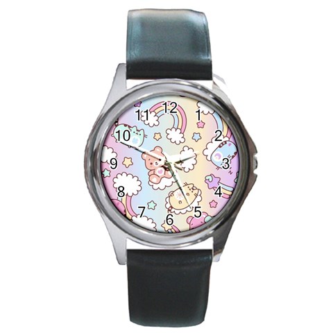 Usheen Carebears, Bears, Cat, Colorful, Cute, Pastel, Pattern Round Metal Watch from ArtsNow.com Front