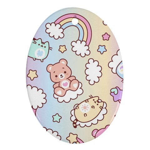 Usheen Carebears, Bears, Cat, Colorful, Cute, Pastel, Pattern Ornament (Oval) from ArtsNow.com Front