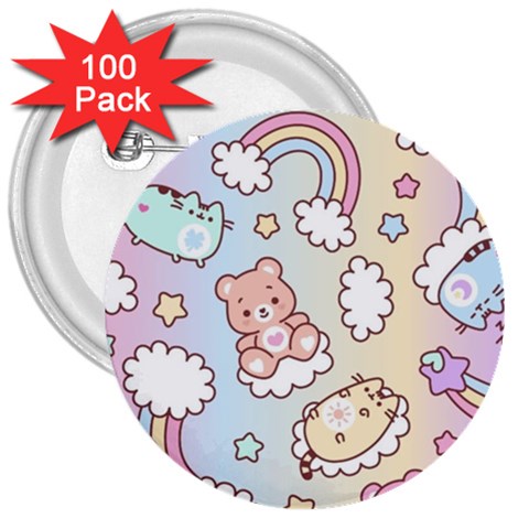 Usheen Carebears, Bears, Cat, Colorful, Cute, Pastel, Pattern 3  Buttons (100 pack)  from ArtsNow.com Front