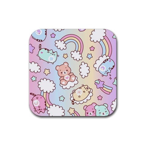 Usheen Carebears, Bears, Cat, Colorful, Cute, Pastel, Pattern Rubber Coaster (Square) from ArtsNow.com Front