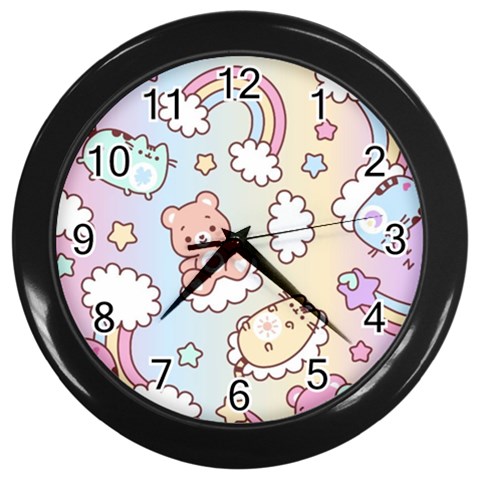 Usheen Carebears, Bears, Cat, Colorful, Cute, Pastel, Pattern Wall Clock (Black) from ArtsNow.com Front