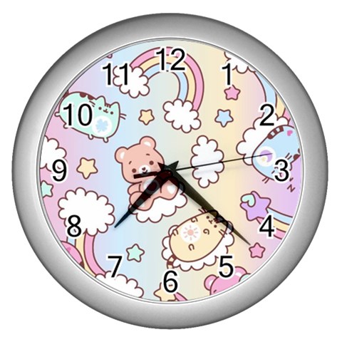 Usheen Carebears, Bears, Cat, Colorful, Cute, Pastel, Pattern Wall Clock (Silver) from ArtsNow.com Front