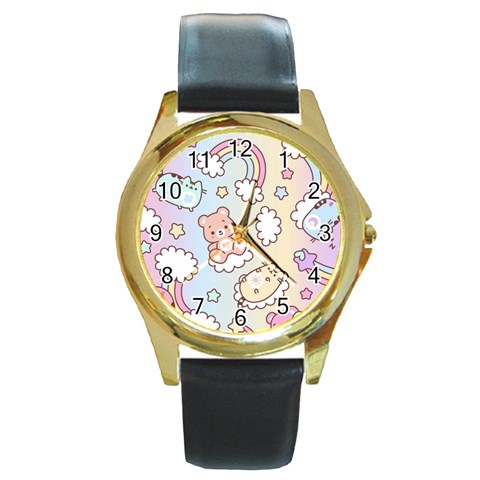 Usheen Carebears, Bears, Cat, Colorful, Cute, Pastel, Pattern Round Gold Metal Watch from ArtsNow.com Front