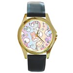 Usheen Carebears, Bears, Cat, Colorful, Cute, Pastel, Pattern Round Gold Metal Watch