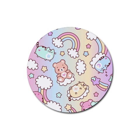 Usheen Carebears, Bears, Cat, Colorful, Cute, Pastel, Pattern Rubber Coaster (Round) from ArtsNow.com Front