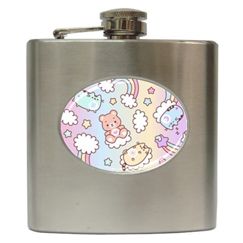 Usheen Carebears, Bears, Cat, Colorful, Cute, Pastel, Pattern Hip Flask (6 oz) from ArtsNow.com Front