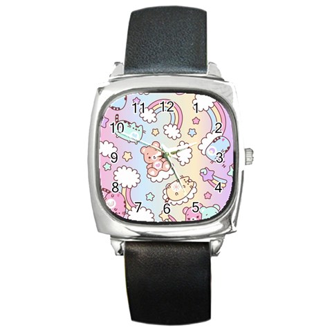 Usheen Carebears, Bears, Cat, Colorful, Cute, Pastel, Pattern Square Metal Watch from ArtsNow.com Front