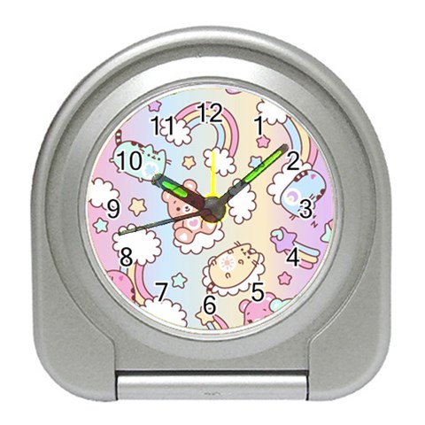 Usheen Carebears, Bears, Cat, Colorful, Cute, Pastel, Pattern Travel Alarm Clock from ArtsNow.com Front