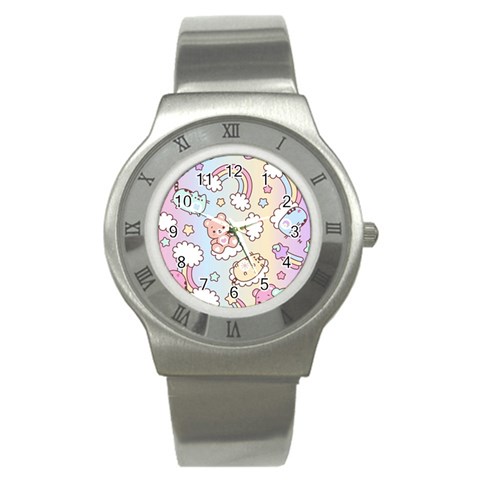 Usheen Carebears, Bears, Cat, Colorful, Cute, Pastel, Pattern Stainless Steel Watch from ArtsNow.com Front