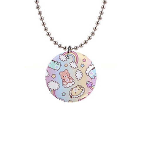 Usheen Carebears, Bears, Cat, Colorful, Cute, Pastel, Pattern 1  Button Necklace from ArtsNow.com Front