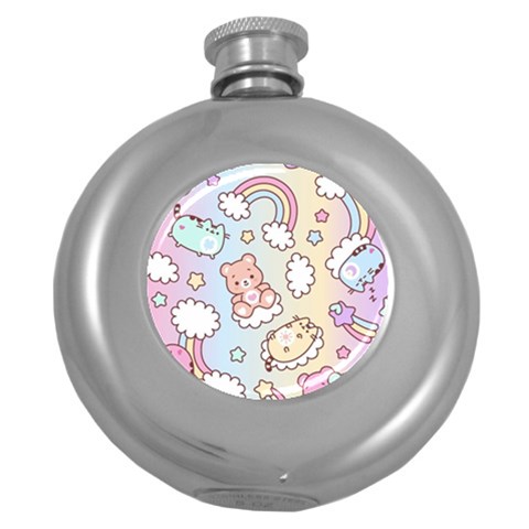 Usheen Carebears, Bears, Cat, Colorful, Cute, Pastel, Pattern Round Hip Flask (5 oz) from ArtsNow.com Front