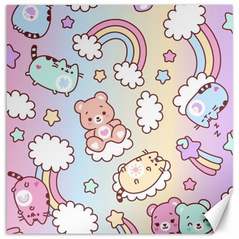 Usheen Carebears, Bears, Cat, Colorful, Cute, Pastel, Pattern Canvas 12  x 12  from ArtsNow.com 11.4 x11.56  Canvas - 1