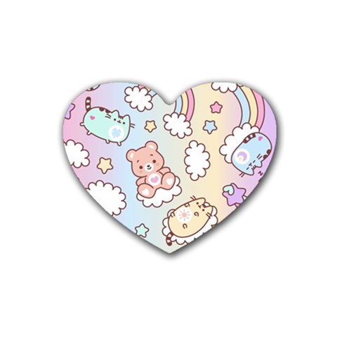 Usheen Carebears, Bears, Cat, Colorful, Cute, Pastel, Pattern Rubber Coaster (Heart) from ArtsNow.com Front