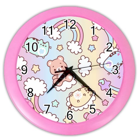 Usheen Carebears, Bears, Cat, Colorful, Cute, Pastel, Pattern Color Wall Clock from ArtsNow.com Front