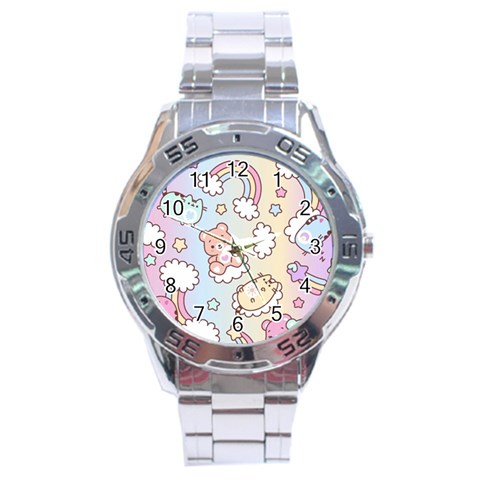 Usheen Carebears, Bears, Cat, Colorful, Cute, Pastel, Pattern Stainless Steel Analogue Watch from ArtsNow.com Front