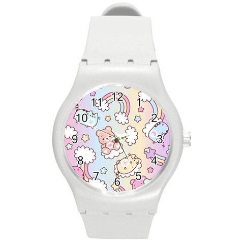 Usheen Carebears, Bears, Cat, Colorful, Cute, Pastel, Pattern Round Plastic Sport Watch (M) from ArtsNow.com Front