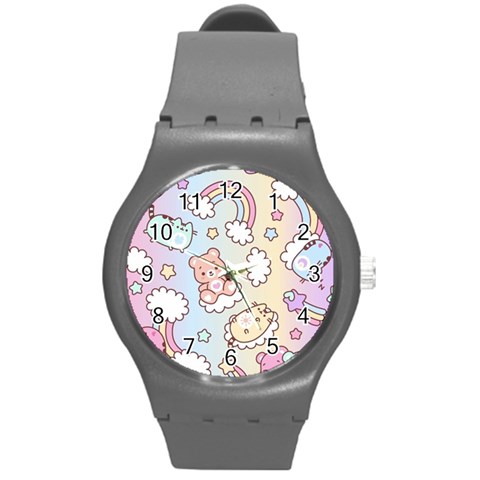 Usheen Carebears, Bears, Cat, Colorful, Cute, Pastel, Pattern Round Plastic Sport Watch (M) from ArtsNow.com Front