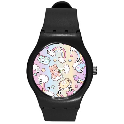 Usheen Carebears, Bears, Cat, Colorful, Cute, Pastel, Pattern Round Plastic Sport Watch (M) from ArtsNow.com Front