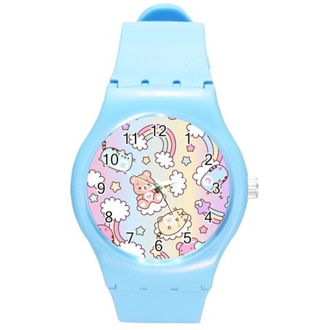 Usheen Carebears, Bears, Cat, Colorful, Cute, Pastel, Pattern Round Plastic Sport Watch (M) from ArtsNow.com Front