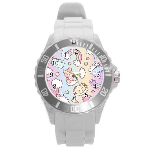 Usheen Carebears, Bears, Cat, Colorful, Cute, Pastel, Pattern Round Plastic Sport Watch (L) from ArtsNow.com Front