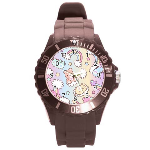 Usheen Carebears, Bears, Cat, Colorful, Cute, Pastel, Pattern Round Plastic Sport Watch (L) from ArtsNow.com Front