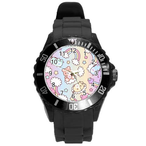 Usheen Carebears, Bears, Cat, Colorful, Cute, Pastel, Pattern Round Plastic Sport Watch (L) from ArtsNow.com Front