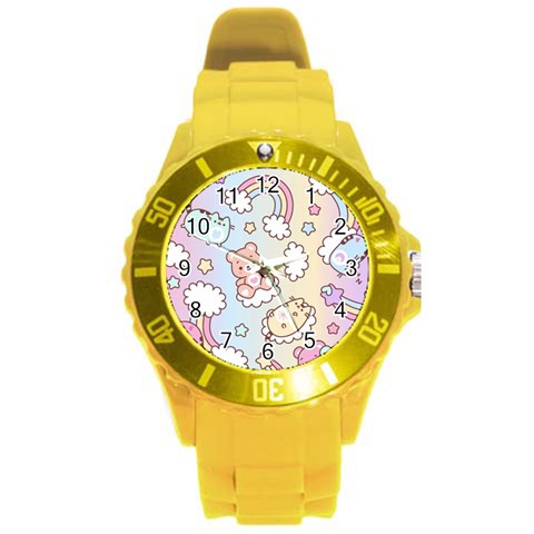 Usheen Carebears, Bears, Cat, Colorful, Cute, Pastel, Pattern Round Plastic Sport Watch (L) from ArtsNow.com Front