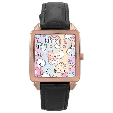 Usheen Carebears, Bears, Cat, Colorful, Cute, Pastel, Pattern Rose Gold Leather Watch  from ArtsNow.com Front