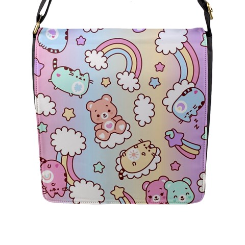 Usheen Carebears, Bears, Cat, Colorful, Cute, Pastel, Pattern Flap Closure Messenger Bag (L) from ArtsNow.com Front