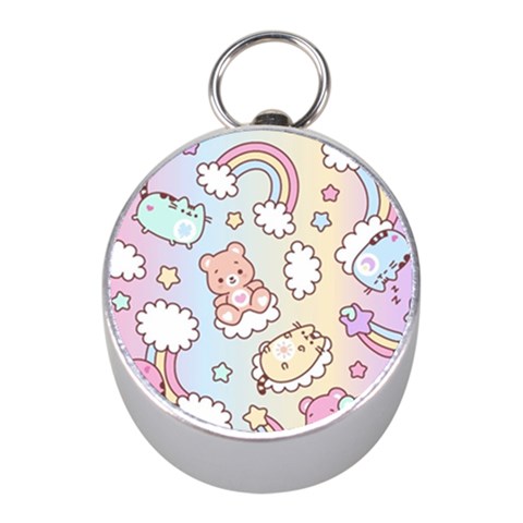 Usheen Carebears, Bears, Cat, Colorful, Cute, Pastel, Pattern Mini Silver Compasses from ArtsNow.com Front