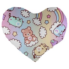 Usheen Carebears, Bears, Cat, Colorful, Cute, Pastel, Pattern Large 19  Premium Flano Heart Shape Cushions from ArtsNow.com Front