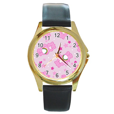 Cheer Bear Pink, Care, Care Bears, Cartoon Round Gold Metal Watch from ArtsNow.com Front