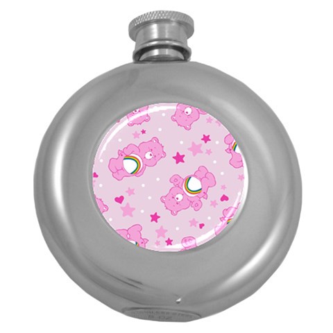 Cheer Bear Pink, Care, Care Bears, Cartoon Round Hip Flask (5 oz) from ArtsNow.com Front