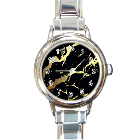 Marble Black, Kiss, Gold, Pretty Round Italian Charm Watch from ArtsNow.com Front