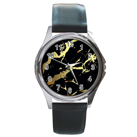 Marble Black, Kiss, Gold, Pretty Round Metal Watch from ArtsNow.com Front