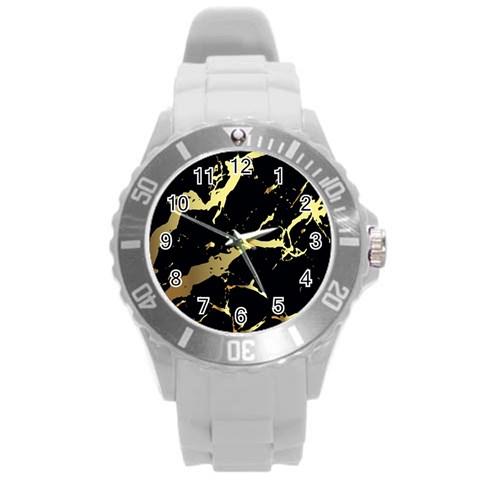 Marble Black, Kiss, Gold, Pretty Round Plastic Sport Watch (L) from ArtsNow.com Front