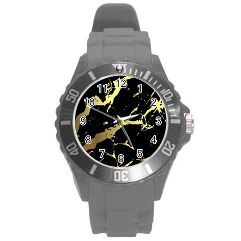 Marble Black, Kiss, Gold, Pretty Round Plastic Sport Watch (L) from ArtsNow.com Front